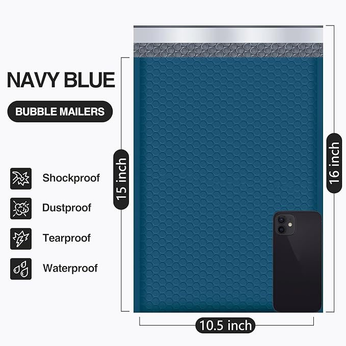 UCGOU Bubble Mailers 10.5x16 Inch 40 Pack Usable Size 10.5x15 Inch Large Padded Envelope Navy Blue Waterproof Packaging Bag for Shipping Self Seal Strong Adhesion Envelope for Jewelry Makeup Supplies