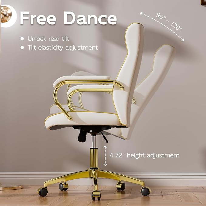 White and Gold Office Chair, Luxury Leather Executive Desk Chair | Elegant Timeless Appeal, Vintage Mid Back Styling with Wheels and Padded Arms, Thick High Density Foam Comfort
