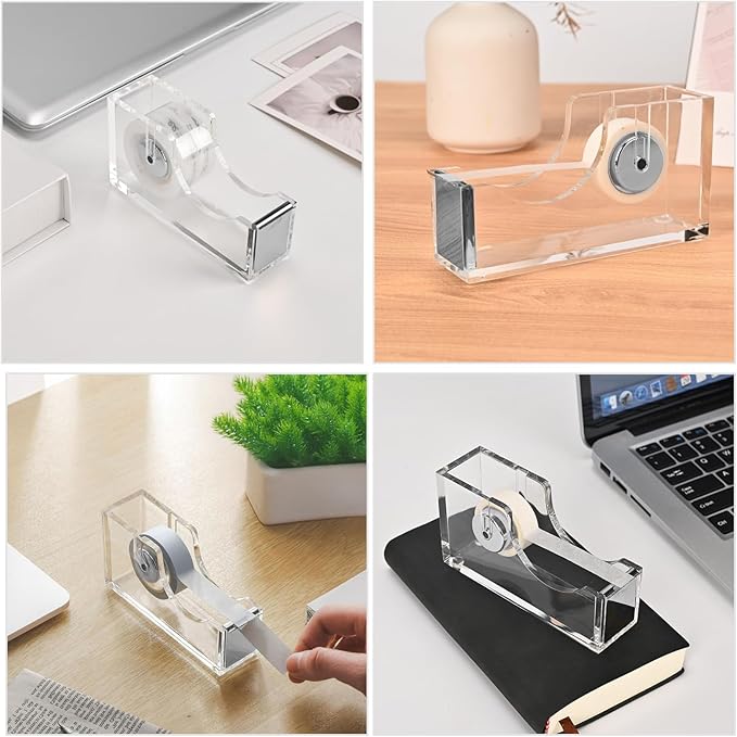2-Piece Acrylic Office Tape Dispenser, Transparent Tape Dispenser Kit with Non-Slip Rubber Bace, 1 Inch Core Morden Accessory for Stylish Desk at Home, School, Office-Silver