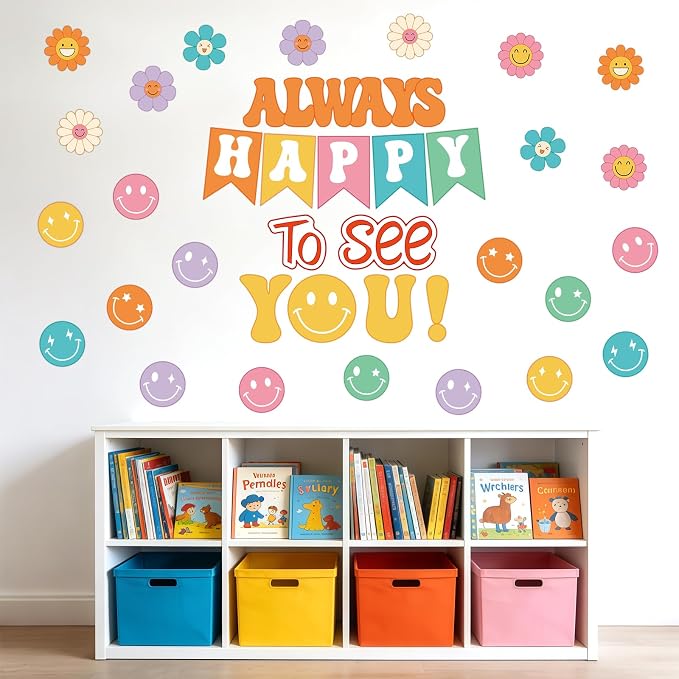 54Pcs Smile Face Bulletin Board Decorations Set, Always Happy to See You Bulletin Board, Colourful Happy Face Paper Cutouts for Back to School Classroom Teacher Supplies Office Door Wall Decor