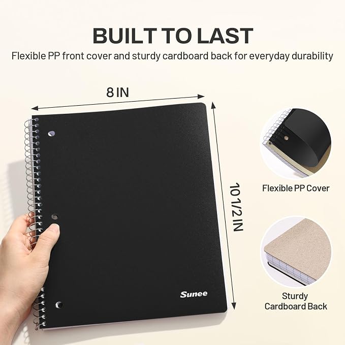 SUNEE Spiral Notebook, 1-Subject, Wide Ruled Paper, 8" x 10-1/2", 100 Sheets per Notebook, 3-Hole Punched Paper, Water Resistant Cover, Double-sided Pockets, Spiral Lined Notebooks for School, Black