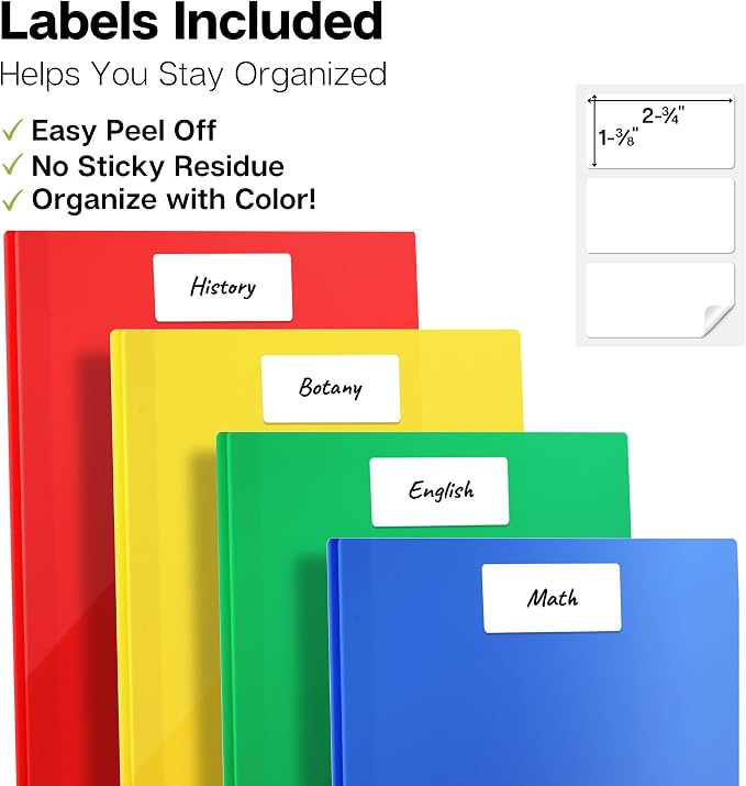 Dunwell Plastic 2 Pocket Folders with 3 Prongs, (48 Pack, Assorted Colors), 3-Clasp Folders with Fasteners, Tear-Resistant, Long Lasting Acid-Free Poly, Includes Labels
