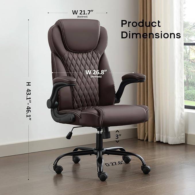amseatec Big and Tall Office Chair, Flip-Up, Executive Desk Chair, Brown | Ergonomic Leather High Back, Lumbar Support, 90 °Lock, 115° Tilt, 20 Spring Packs, 300lbs Capacity, Wide Seat/Smooth Casters