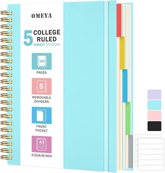 5 Subject Notebooks College Ruled, Lined Notebook with Removable Dividers | 300 Pages 100GSM Thick Spiral Writing Journal for Women & Men, Small A5 Spiral Notebooks for Work, School Supplies, 6" x 8"