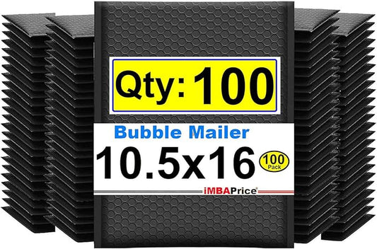iMBAPrice 10.5x16 Inch Black Poly Bubble Mailers #5, 100-Pack Large Padded Envelopes, Self-Seal Polybubble Bags for Shipping, Mailing & Packaging