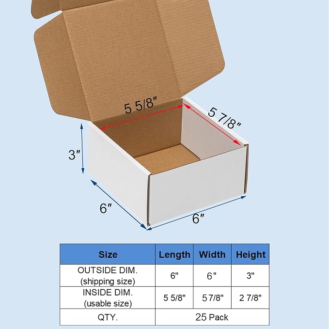 Wowxyz 6x6x3 Inches Shipping Boxes 25 Pack Corrugated Cardboard White Box | Medium White Literature Mailer Packaging Supplies