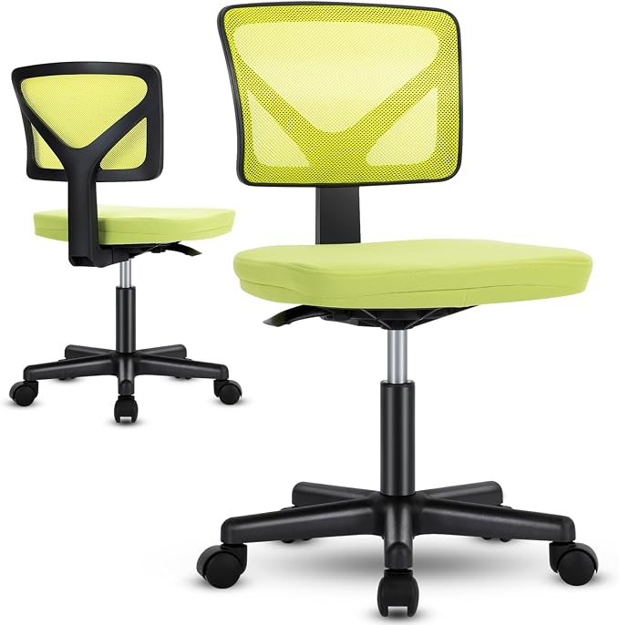 Sweetcrispy Small Armless Desk Chair, Mesh Rolling Office Chairs | Adjustable Ergonomic Lumbar Support, Low-Back, Swivel Wheels, Home Work, Bedroom, Study, Student, Adults, Green