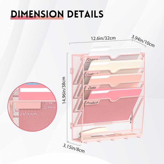 5-Tier Wall File Organizer and Mail Organizer with 5 Hooks, Pink | Label slots, curved openings, 5 key hooks, and a bottom tray support organized mail, file, and everyday item storage.