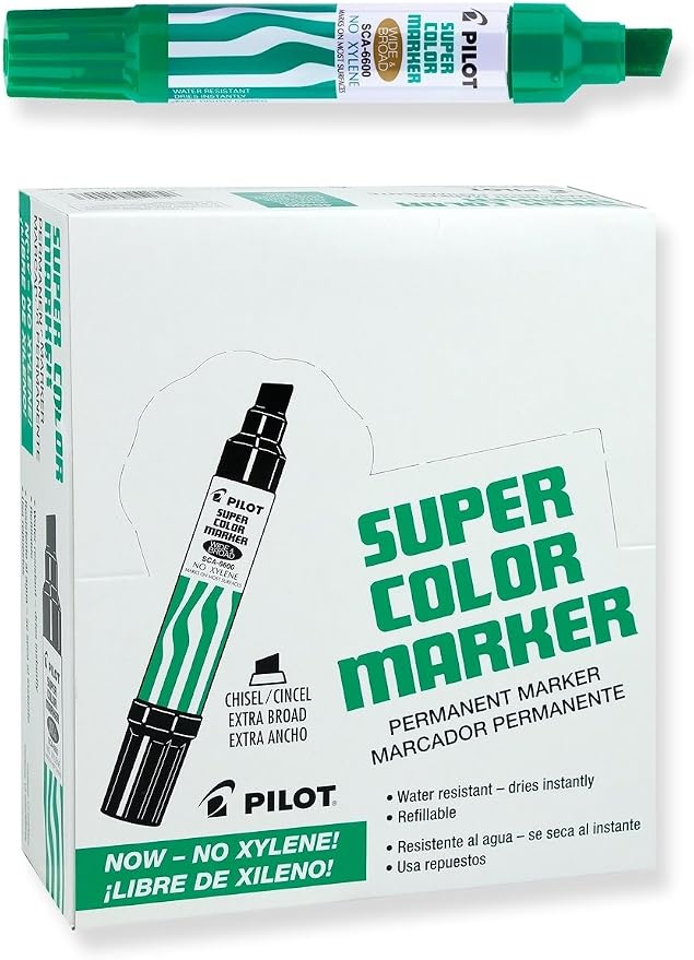 PILOT Super Color Jumbo Refillable Permanent Markers, Xylene-Free Green Ink, Extra-Wide Chisel Point, 12-Pack (45400)