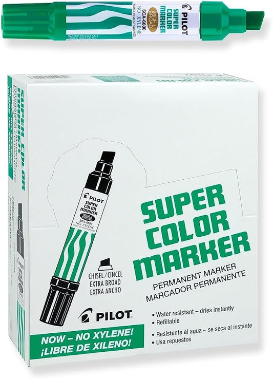 PILOT Super Color Jumbo Refillable Permanent Markers, Xylene-Free Green Ink, Extra-Wide Chisel Point, 12-Pack (45400)