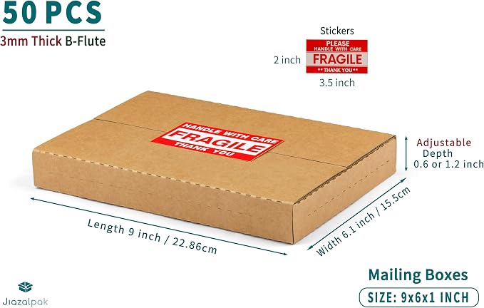 9x6x1 Inch Shipping Boxes for DVDs, CDs, Books Mailing, 50 Pack | Multi-Depth, Easy-Fold, Corrugated Cardboard, Includes Fragile Stickers, Brown