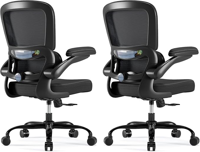 TRALT Ergonomic Office Chair Desk Chair with Adjustable Lumbar Support | Desk Chair Comfy with Flip-up Armrests Ergonomic Chair - Mesh Computer Chairs for Adults, 330lbs, PU Leather (Black, 2)