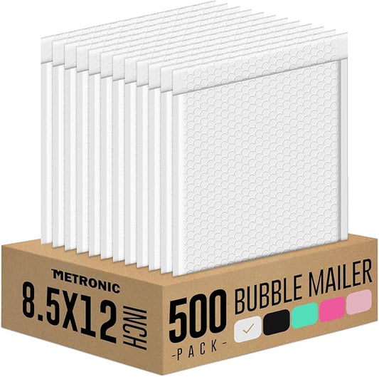 Metronic Bubble Mailers 8.5x12 500 Pack White Waterproof Thick Padded Envelopes Usable Size 8.5x11 Mailing Envelopes Bubble Padded for Packaging, Makeup, Gift, Mailing, Shipping, Small Items Supplies