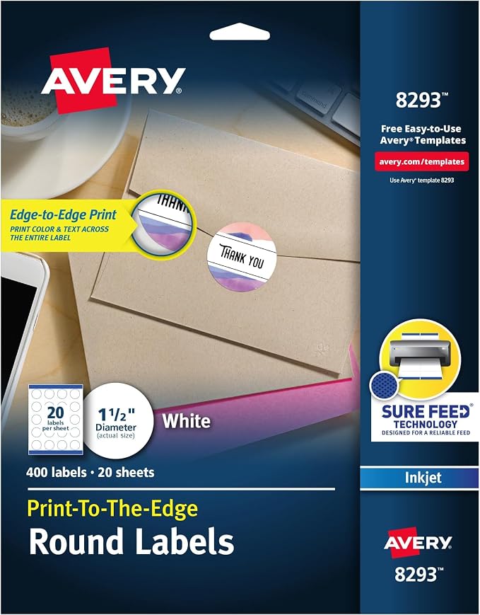 AVERY Round Labels, White, 1-1/2" | Sure Feed Technology | Permanent Adhesive | 400 Labels, Pack of 5
