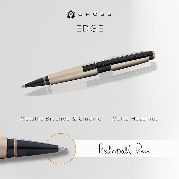 Cross Edge Matte Hazelnut Lacquer Gel Rollerball Pen, Black Ink - Elegant Accessory for Smooth Writing - Capless Slide-Open & Snap-Shut Design - Ergonomic Shape - Comfortable Grip - Ideal Gift