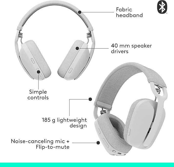 Logitech Zone Vibe 100 Lightweight Wireless Over Ear Headphones with Noise Canceling Microphone, Advanced Multipoint Bluetooth Headset, Works with Teams, Google Meet, Zoom, Mac/PC - Off White