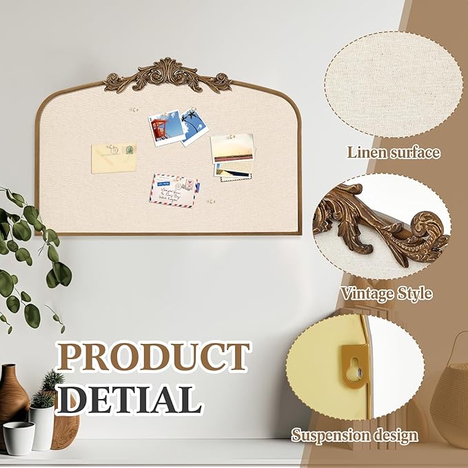 Vintage Framed Pin Board Linen Display Bulletin Board Large Ornate Fabric Picture Photo Pinboard Memo Decorative Prayer Pinboard Ornate for Wall Gift(Arch,23.6" X 35",Antique Golden)
