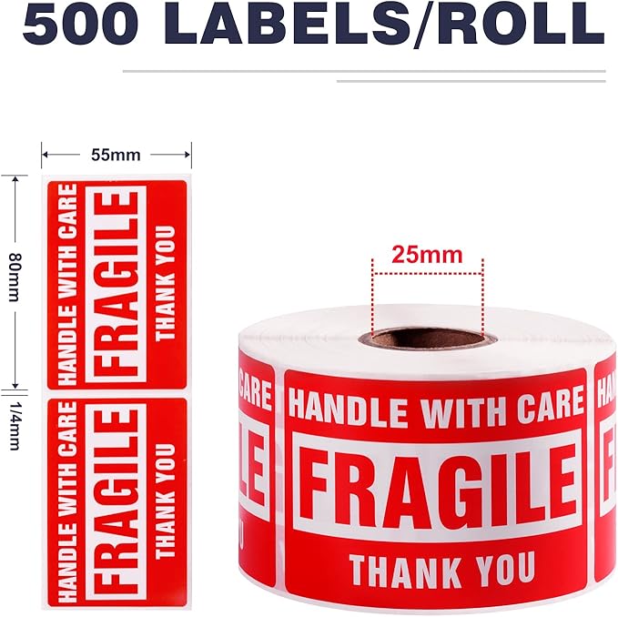 3 x 2 Inch Handle with Care Fragile Stickers for Shipping Moving Glass 1000 Permanent Adhesive Fragile Labels-2 Rolls