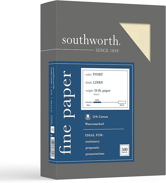 Southworth 564C 25% Cotton Linen Business Paper Ivory 24 lbs. 8-1/2 x 11 500/Box FSC