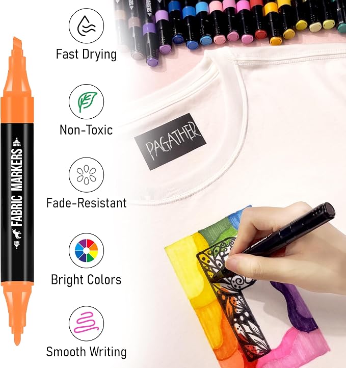 Pagather Fabric Markers, 40 Colors Dual Tip Pens for Clothes | For T-Shirts, Tote Bags, Canvas, Shoes & DIY Fabric Projects, Create Detailed Designs and Creative Patterns