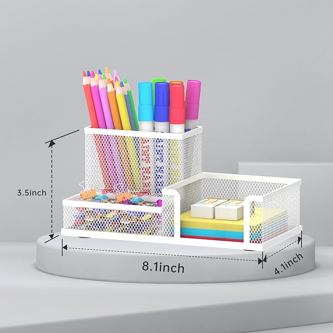 Pen Holder Desk Organizer, Office Supplies Pencil Holder with 3 Compartments, Desk Accessories and Workspace Organizers for Home School Classroom, White