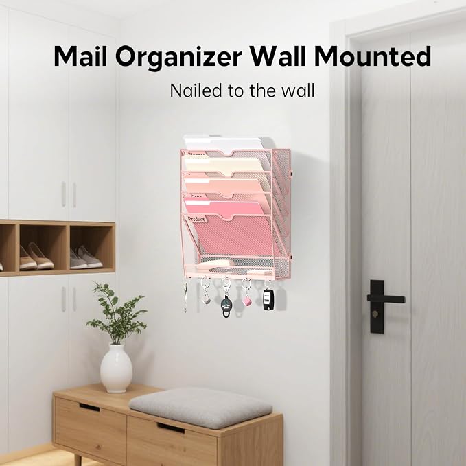 5-Tier Wall File Organizer and Mail Organizer with 5 Hooks, Pink | Label slots, curved openings, 5 key hooks, and a bottom tray support organized mail, file, and everyday item storage.