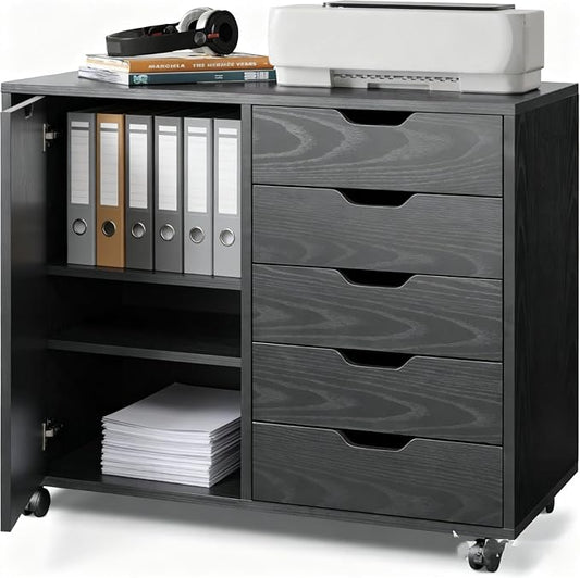 5-Drawer Wood Drawer Cabinet, Office Storage Cabinet with Adjustable Shelf & Wheels, Printer Stand for Home Office, Black, 15.7" D x 30.7" W x 25.4" H