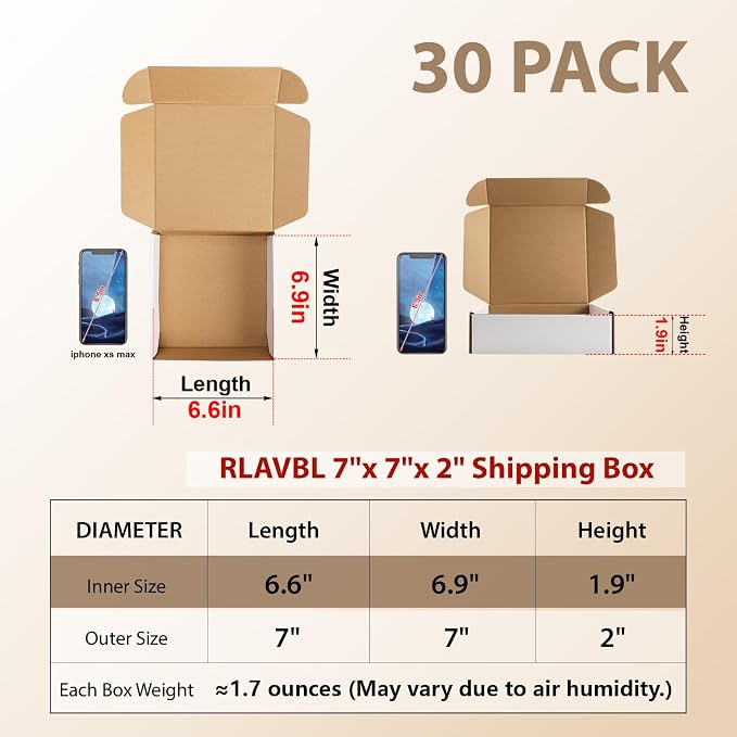 RLAVBL 30 Pack 7x7x2 Shipping Boxes, White Corrugated Cardboard Mailer Box for Packing Mailing Small Business