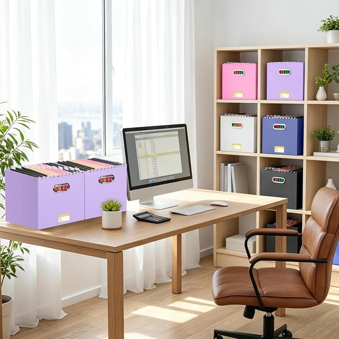 BALEINE File Organizer Box, Cardboard File Folder Organizer with Handle for Letter Size, Portable Collapsible Hanging Filing Box for Home Office Document Storage (8 Pack, Large Lavender)