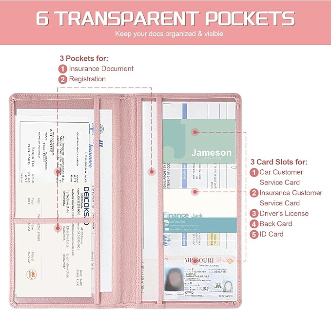 JUSTTOP 1Pack Car Registration and Insurance Holder,Car Document Holder for Cards License with Magnetic Shut,Vehicle Glove Box Car Organizer for Documents, Cards, License(Embossed leather Pink)