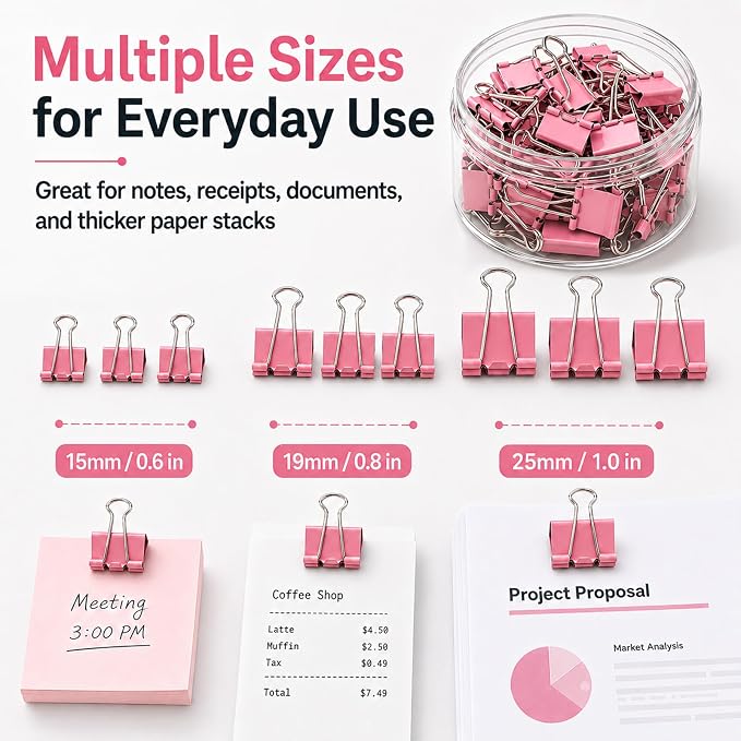 Binder Clips Assorted Sizes, Morandi Colors, Durable Metal Binder Clips for Office, Cute Desk Supplies for Teachers Student (Pink - 1 Box) | 1 Box of Colored Paper clips and Binder Clips, Cute Office Supplies, Desk Accessories, Black, Pink