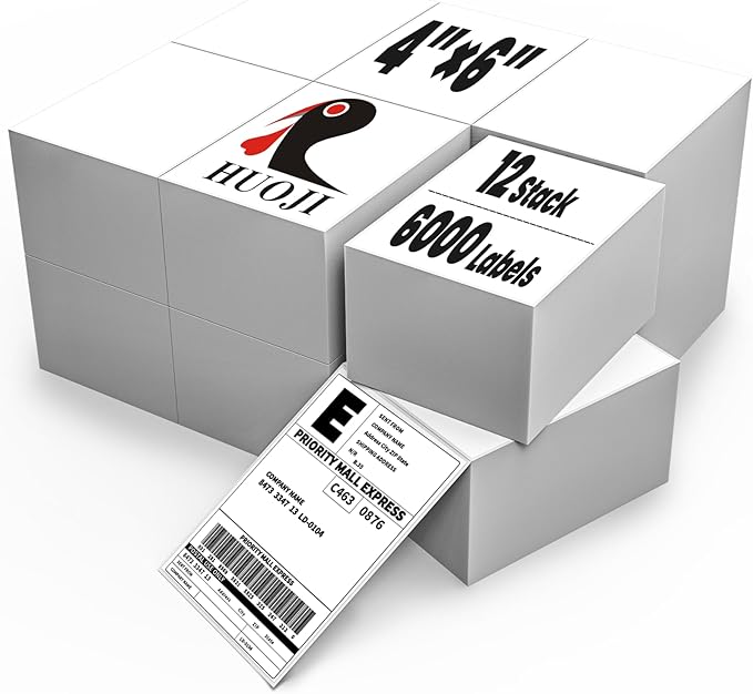 HUOJI 4x6 Direct Thermal Shipping Labels, 12 Stacks 6000 Labels, Fanfold, Compatible with Rollo, Zebra, MUNBYN Printers(Commercial Grade)