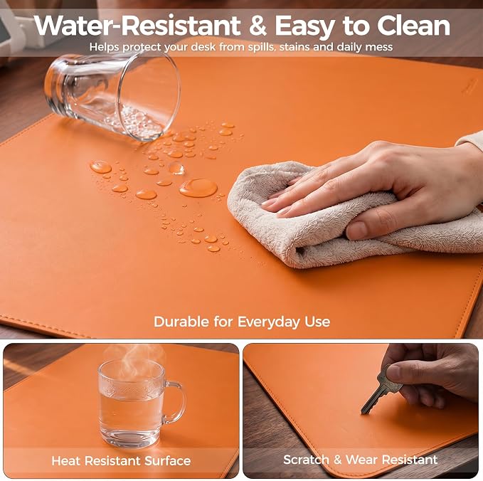 Large Desk Pad Non-Slip Desk Mat Protector for Keyboard Mouse Waterproof Vegan Leather Surface Faux Leather Laptop Mat Smooth Mouse Pad Premium Gift Tube Sunset Orange 31.5" X 15.7"