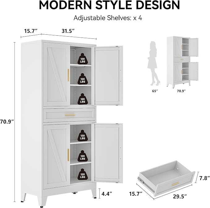 COFaR 71" Tall Pantry Cabinet with Drawer, White Storage Cabinet with Adjustable Shelves, 3-Section Freestanding Cupboard for Kitchen Organization