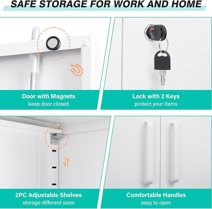 36 inch Storage Cabinet with Doors and Shelves,White Metal Storage Cabinet,Small Locking Metal Cabinets,Short Steel Counter Cabinets with Lock for Garage Home Office Pantry