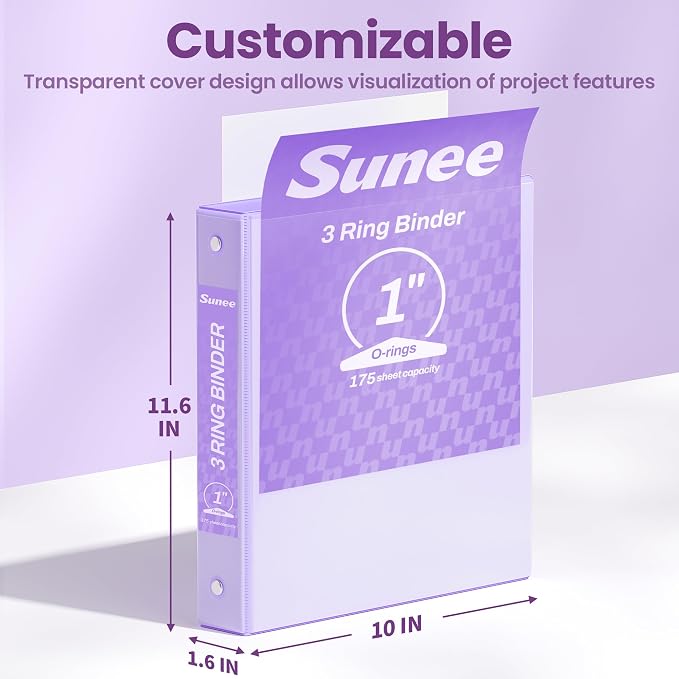 SUNEE Purple Binder 1 Inch 3 Ring 1 Pack, Holds 175 Sheets of Letter Paper, Clear View 1" Three Ring PVC-Free (Fit 8.5x11 Inches) for School or Office Supplies