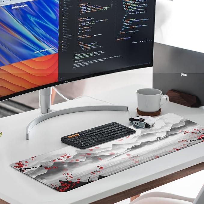 Japanese Cherry Blossom Large Gaming Mouse Pad Sakura Desk Pad Big Mousepad Deskmat Office Decor for Computer 31.5''x11.8'' Desk Organizers and Accessories