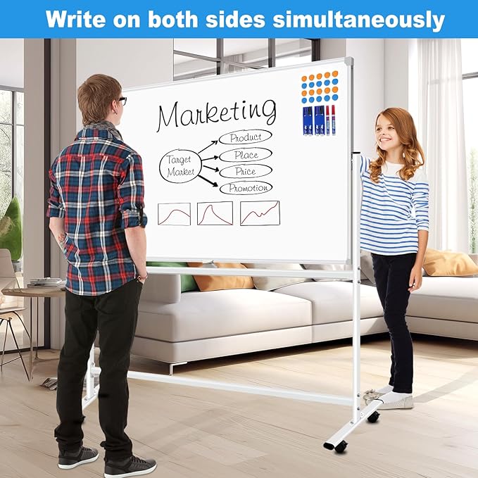 Mobile White Board with Stands 40"x28", Double-Sided Rolling Whiteboard on Wheels Magnetic Dry Erase Board with Stand Portable Standing White Board for Classroom, Office, Home