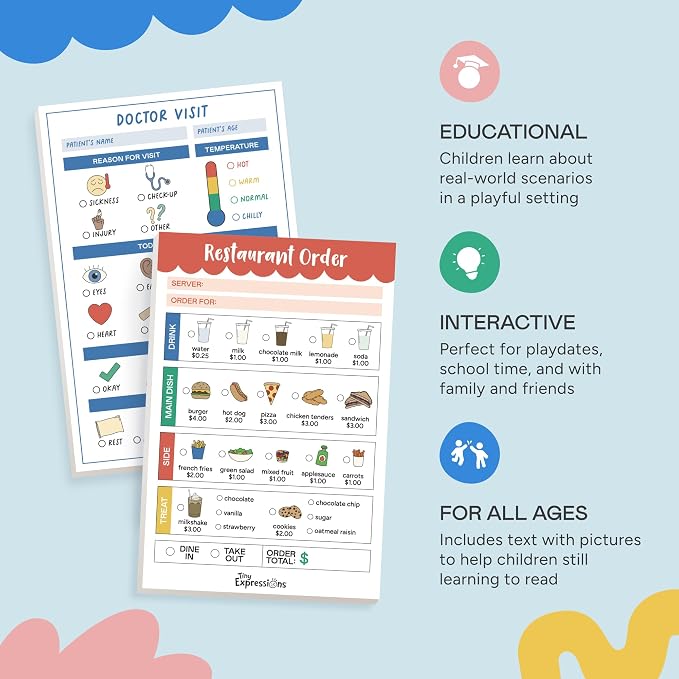 Pretend Play Notepads – Restaurant & Doctor | 40 Pages Order-Taking Restaurant Notepad, 40 Pages Doctor Visit Notepad, Waiter and Doctor Imaginative Role Play