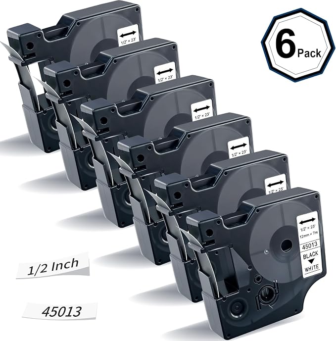 6-Pack Compatible with Dymo Label Maker Refills D1 45013 Black on White | 1/2 Inch x23 Feet Replacement for DYMO D1 Label Tape A45013 S0720530 for Dymo LabelManager 160 280 210D 420P 360D PnP 260P