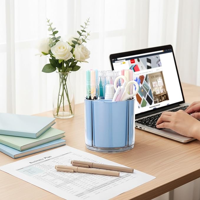 Comix Pen Holder for Desk, 360° Rotating Pencil Holder with 5 Slots, Cute Blue Plastic Desk Organizer for Home School Office Supplies
