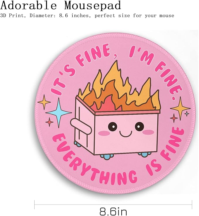 Pink Round Mouse Pad for Desk, Cute Office Decor for Women, Dumpster on Fire Small Mousepad，Stitched Edge Non-Slip Rubber Base, Personalized Computer Mouse Pads for Wireless Mouse，Desk Accessories