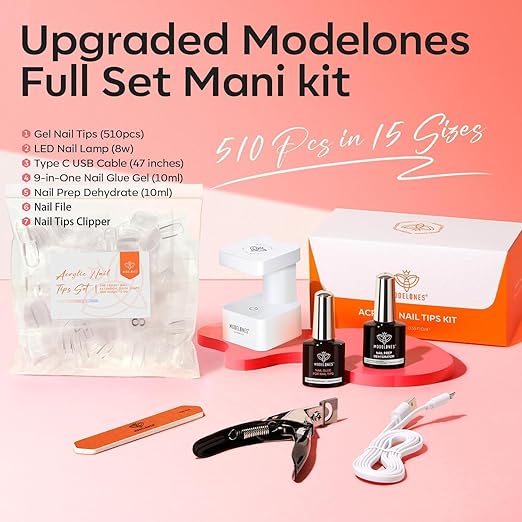 modelones X Nail Gel Kit Almond,15Sizes Fake Nails 510Pcs, 9-in-One Glue Prep Dehydrator & Portable Mini U V Light Acrylic Clipper, Extra Short Almond Press on Tips Extension Kit