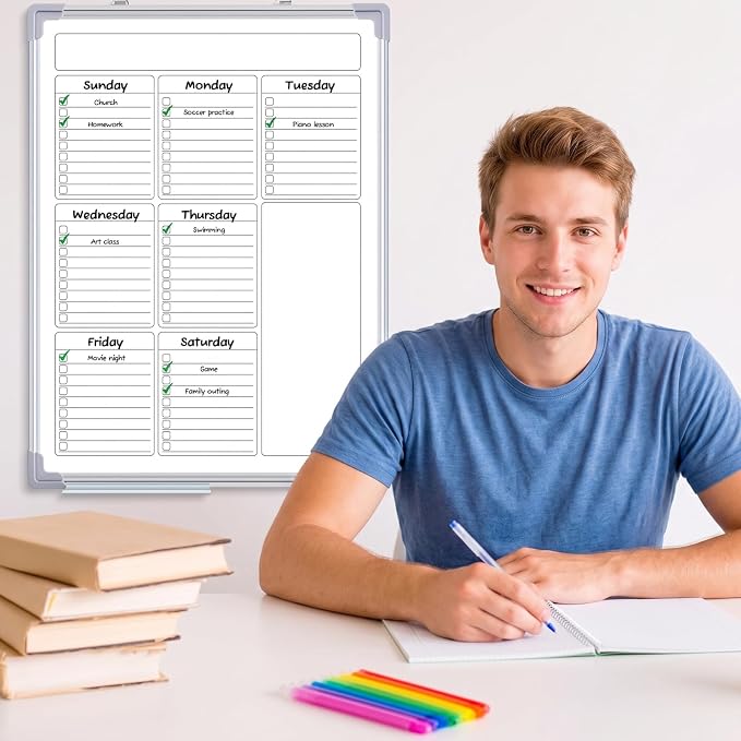 24" x 18" Magnetic to Do List Whiteboard, Weekly Planner, White | Large Weekly Dry Erase Board, Double-side Wall Whiteboard Calendar for Planning Drawing Memo, School Home Kitchen Office