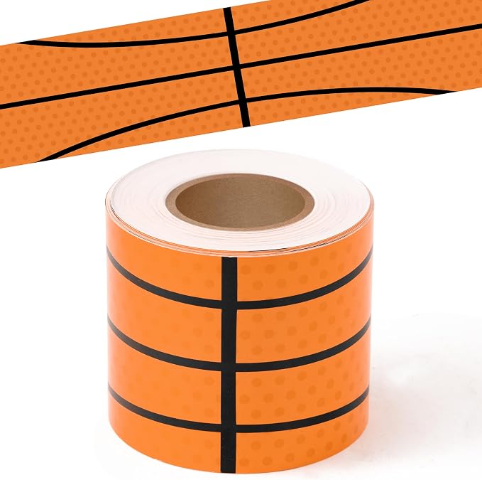 BeYumi Basketball Sport Border Trim - 65ft Back to School Basketball Patterned Straight Rolled Border Trim Orange Basketballs Die Cut Sports Bulletin Board Party School Classroom Chalkboard Wall Decor