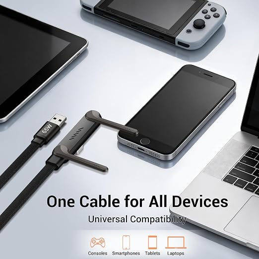 2-in-1 Invisible Stand Fast Charging Cable 65W USB-A Braided Fast Charging Cable Built-in Phone Stand 2 in 1 Phone Holder Cable for Suitable for Gaming Office and Travel Black 2Pack