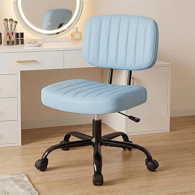 DUMOS Armless Office Chair, Small Home Desk Chair, Lumbar Support | PU Leather Low Back, Height Adjustable, 360 Swivel Wheels, Armless Computer Task Executive, Blue