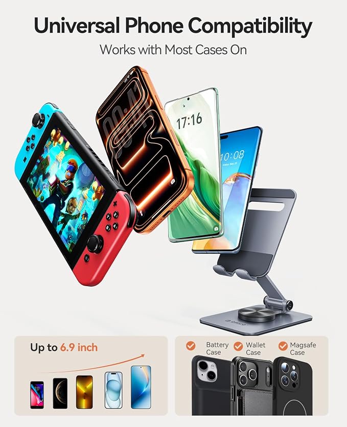 ORICO Aluminum Phone Stand for Desk, Adjustable Metal Phone Holder with Stable Support and Smooth 360° Rotation for Smartphones up to 6.9 Inches – Gray (PS2)