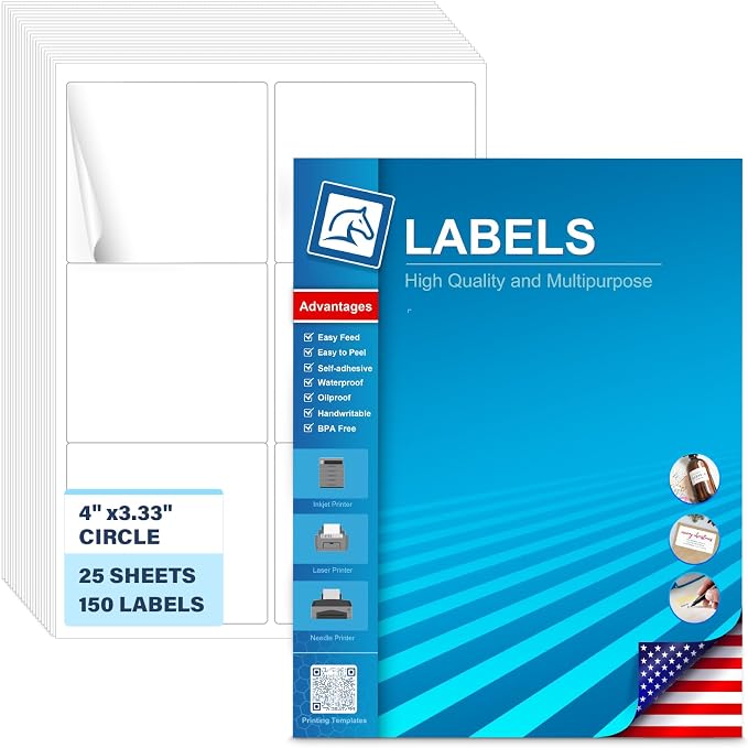 4" x 3.33" Shipping Labels - 150 Adhesive Address Labels for Laser/Inkjet Printer, Barcode, Mailing, Product, Shipping Boxes, Packaging Labels, Customizable Label Stickers (25 Sheets)