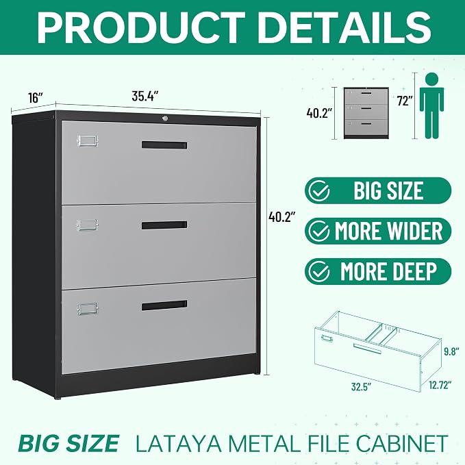 File Cabinet with Lock-Lateral 3 Drawer Metal Filing Cabinets-Organization Storage for Home Office-Hanging Letter/Legal/F4/A4 Size (Grey Black)